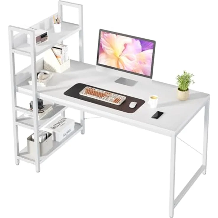 Sweetcrispy Schreibtisch mit Seitlichem Regal & Verstellbaren Füßen, 120 cm breiter Bürotisch, Starker Computertisch mit Ablagefläche, Einfacher Montage, Weiß – Bild 2