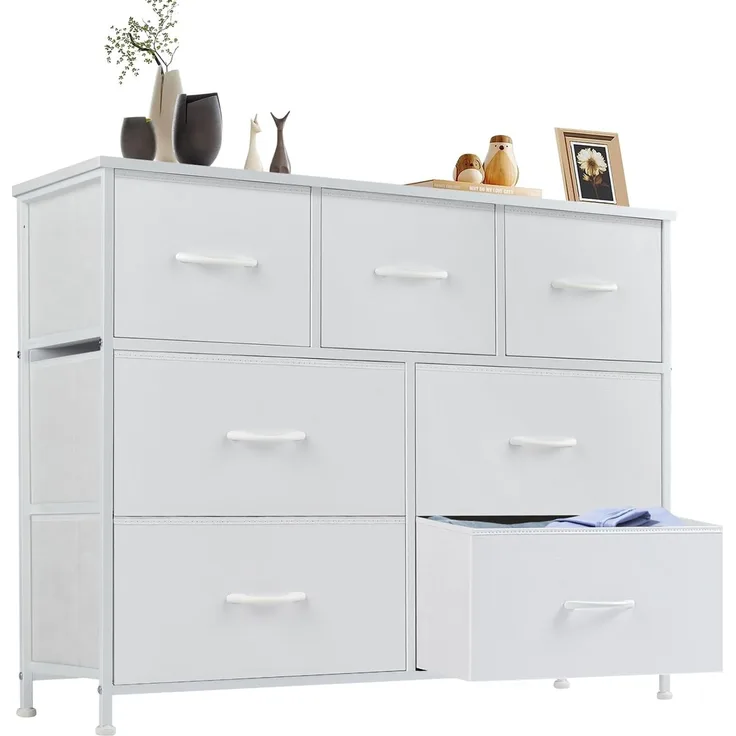 DUMOS Kommode für Schlafzimmer mit 7 Stoffschubladen hohe Kommode Organizer für Kleidung Schrank Kinderzimmer Aufbewahrungsturm mit Schrank Metallrahmen Holzplatte leichte Kinderzimmermöbel