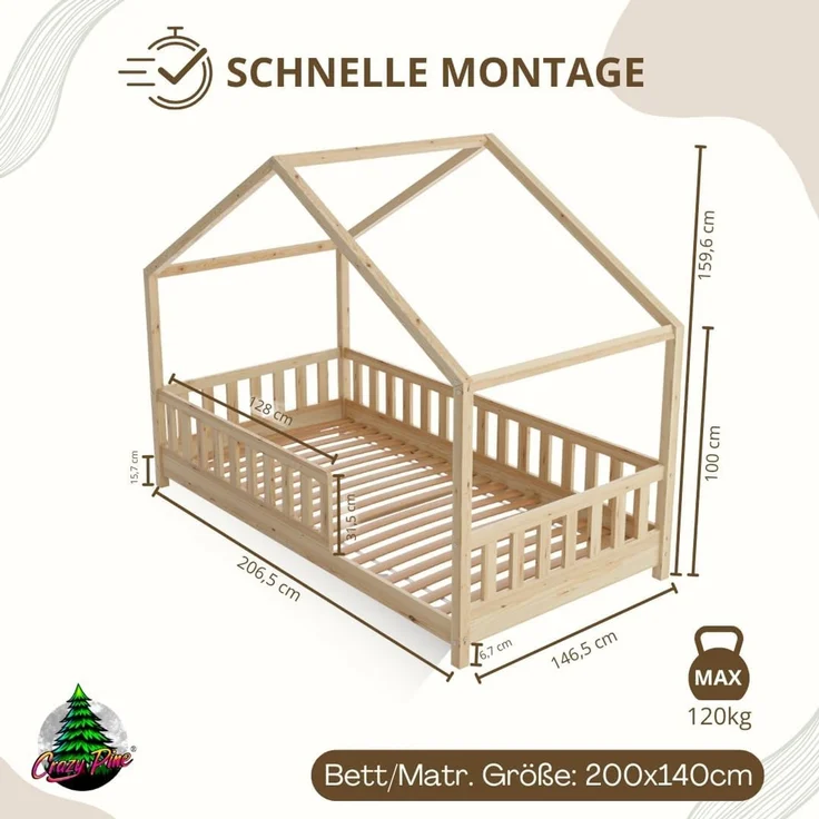Crazy Pine 'Crazy House' Hausbett mit abnehmbaren Rausfallschutz, Naturholz, Natur, 140x200 cm, mit Höhenverstellbaren Beinen – Bild 2