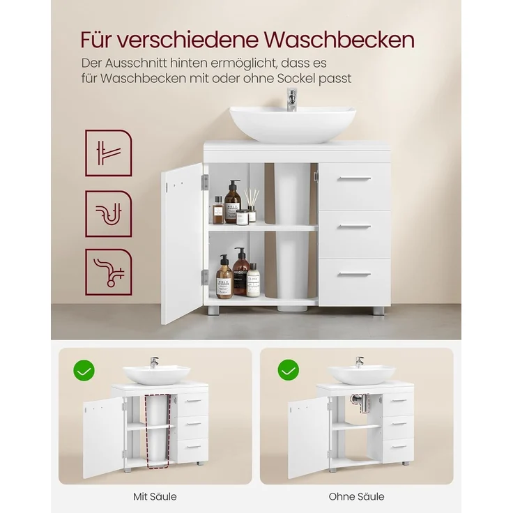 VASAGLE Waschbeckenunterschrank, Badezimmerschrankmit 3 große Schubladen, 2 Fächer, auch für Waschbecken mit Beckensäule, Badezimmer-Unterschrank mit Füßen, 30 x 70 x 64 cm, wolkenweiß BBK504W01 – Bild 4