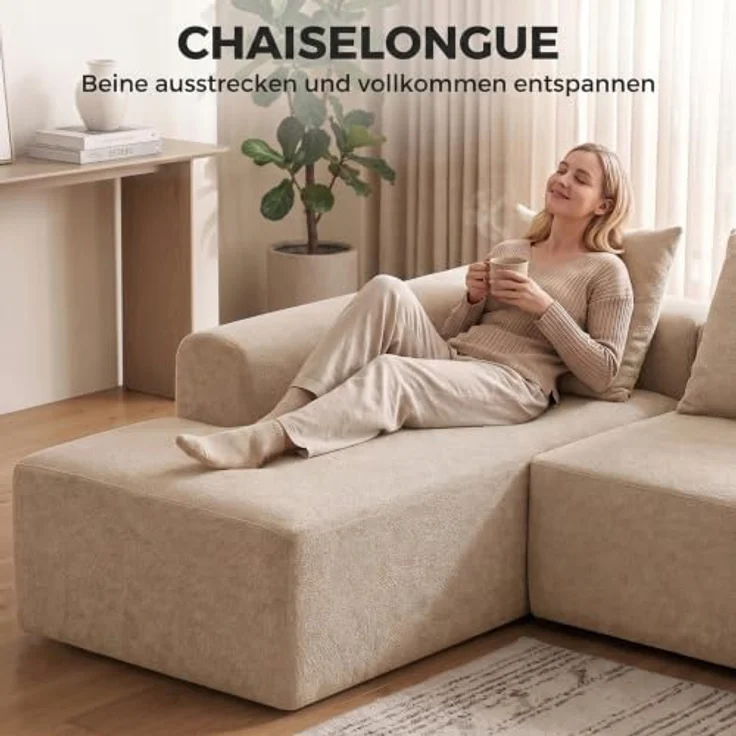 HOMCOM Ecksofa L-Form 242 cm, Boneless Couch in Beige, 3-Sitzer mit Rücken- und Sitzpolsterung, Taschenfederkern, inklusive 3 Kissen, rahmenlos, keine Montage erforderlich – Bild 4