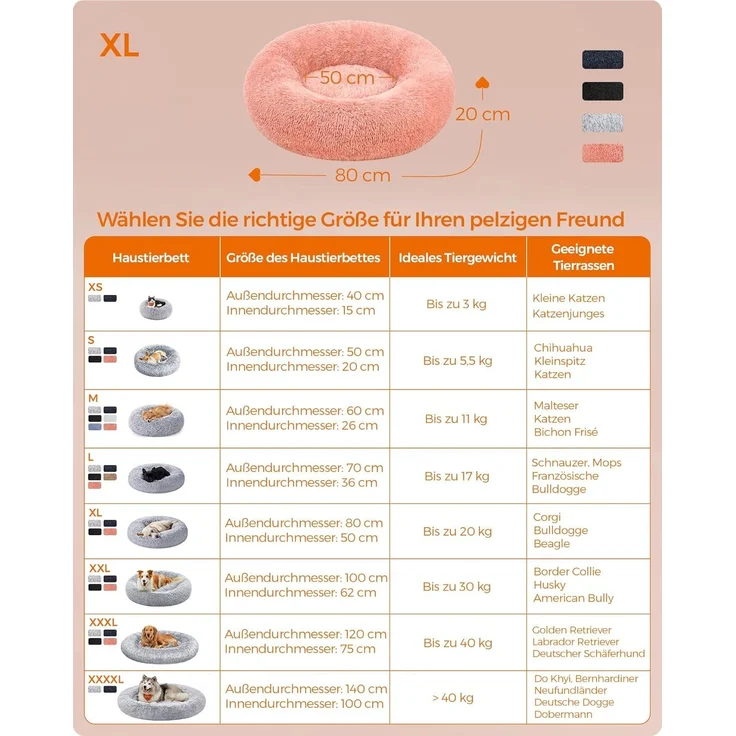 Feandrea Hundebett flauschig, Katzenbett, Donut Kissen, waschbar, Polsterung in der Mitte herausnehmbar, Langer Plüsch, 80 cm Durchmesser, rosa PGW040R01 – Bild 6