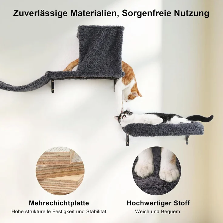 FUKUMARU Kletterwand Katzen Set, 10-teilig Katzen Kletterwand Set, aus robuster Multiplexplatte，Hängematte Katze mit Katzenhaus, Katzenbrücke, Katzenbaum, Katzentreppe bis zu 18 kg, Grau – Bild 8