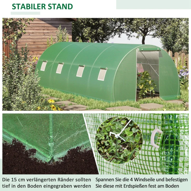 Wohnora-Foliengewächshaus begehbares Polytunnel 6 x 3 m Gewächshaus mit 8 Fenster Treibhaus Frostschutz Stahlrohr Dunkelgrün,H 200cm x T 600cm x B 300cm,Grün – Bild 4