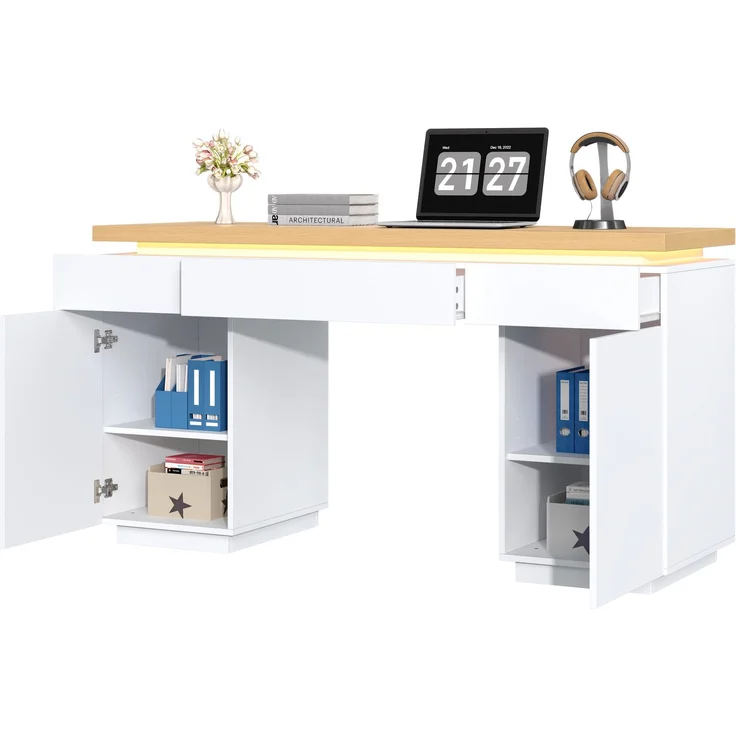 ZUBALIYA 140×50cm großer Schreibtisch,verlängerte und verdickte Tischplatte mit LED-Beleuchtung, ausgestattet mit 3 Schubladen,2 Türen und verstellbaren Einlegeböden,großer Stauraum, Schreibtisch, Schminktisch – Bild 5