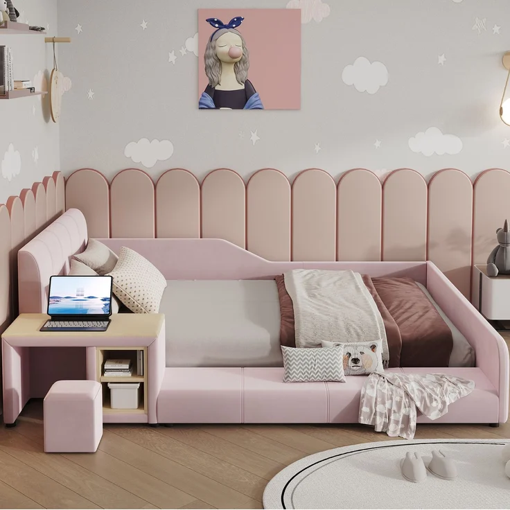 Kinder-Polsterbett, Samt mit Schreibtisch, Hocker & Ablageboden, 140x200 cm, Rosa, ohne Matratze – Bild 3