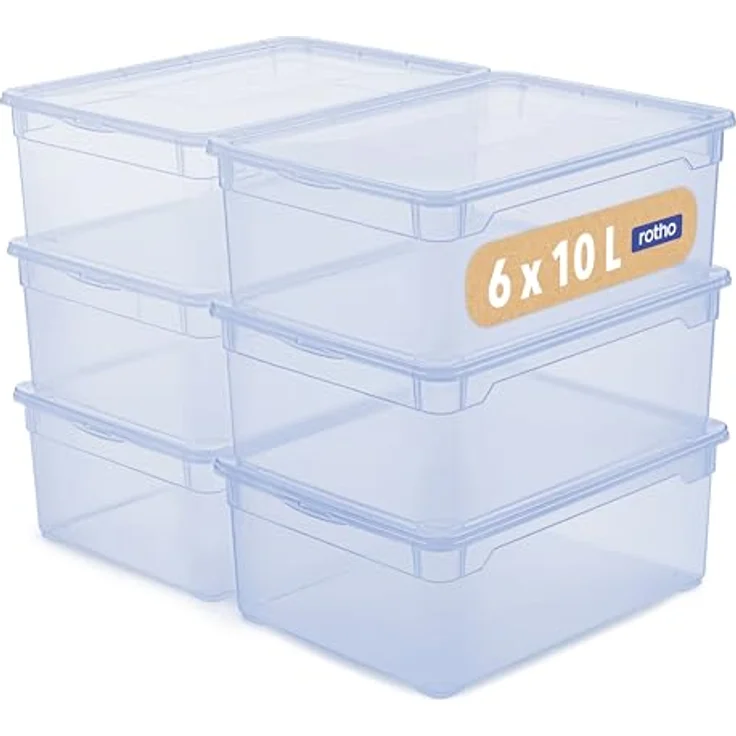 Rotho CLEAR Box 6er-Set Aufbewahrungsbox 10 l mit Deckel, platzsparend stapelbar 36×26×14 cm, transparent blau – Bild 1