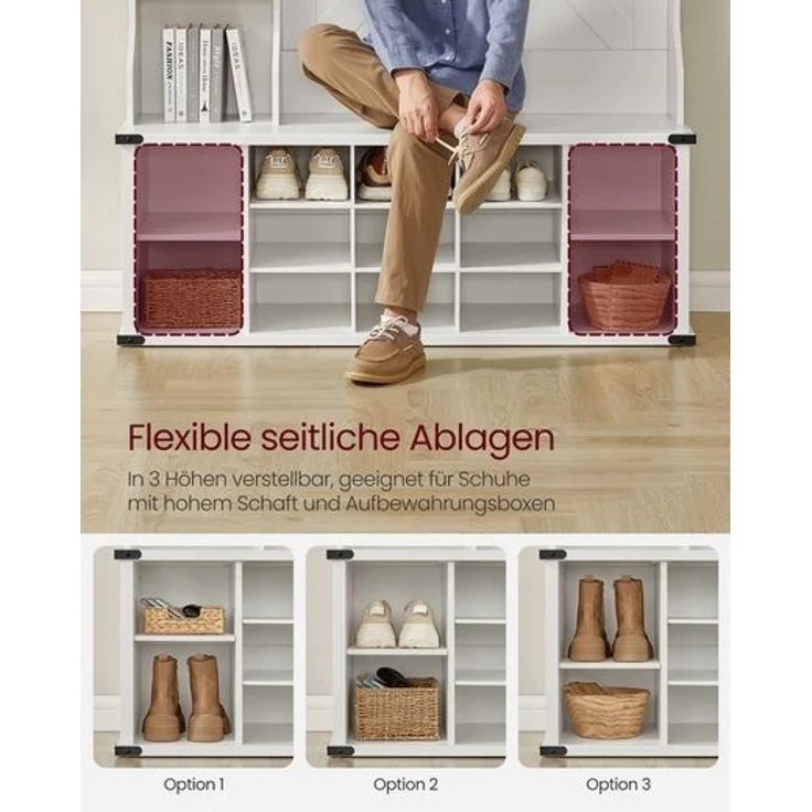 VASAGLE Kleiderständer, Garderobe, Eingangsmöbel mit Schuhregal, verstellbare Ablagen, 20 offene Fächer, 6 Dreifach-Haken, Landhausstil, freistehend, für Eingangsbereich, Flur, wolkenweiß HSRDE440W03 – Bild 4