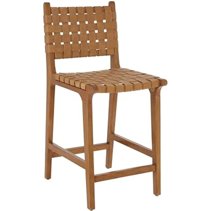 Ball & Cast PU Leder gewebt Counter Hocker, Holzrahmen Küche Insel Barhocker mit Fußstütze, Rückenlehne Geflecht Hocker-Stuhl für das Esszimmer, Braun – Bild 2