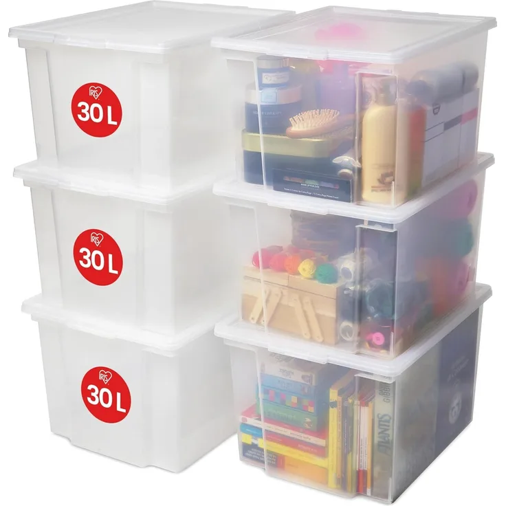 Iris Ohyama Vielseitige Aufbewahrungsbox mit Deckel, Stapelboxen, 30L, 6er-Set, Transparent, Stapelbar, Plastik, Für Schrank, Regale, Organisation, Kleidung, Bettlaken, Plastikbox mit Deckel, USB-M