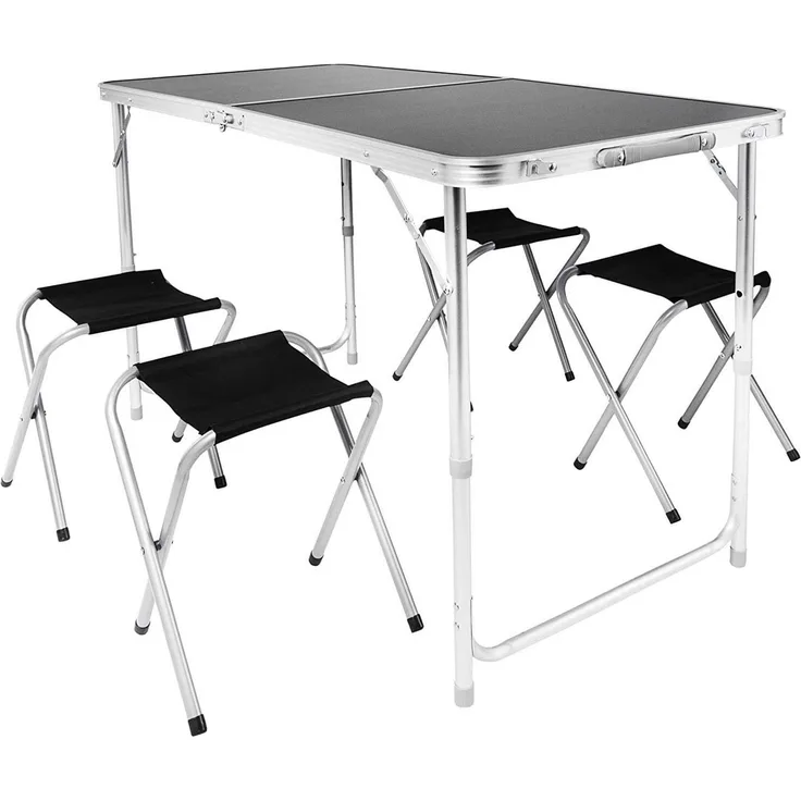Goods+Gadgets Klapptisch Höhenverstellbarer Tisch Set mit 4 Stühlen Klapptisch Camping&Garten (Mehrzwecktisch, Campingtisch Markttisch), Multifunktionstisch mit 4 Stühlen - Schwarz