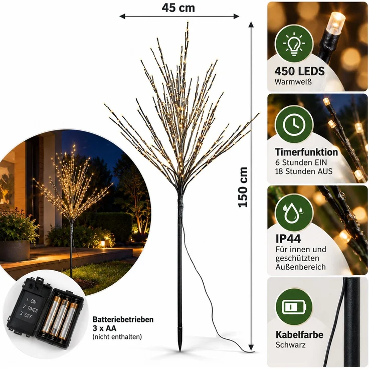 LED Baum 150cm 450 LEDs warmweiß Timer batteriebetrieben IP44 Dekobaum – Bild 2