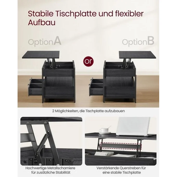 Vasagle höhenverstellbarer Wohnzimmertisch, X-Streben, 50x100 x (48-63)cm, Spanplatte/Stahl anthrazitgrau-schwarz – Bild 5
