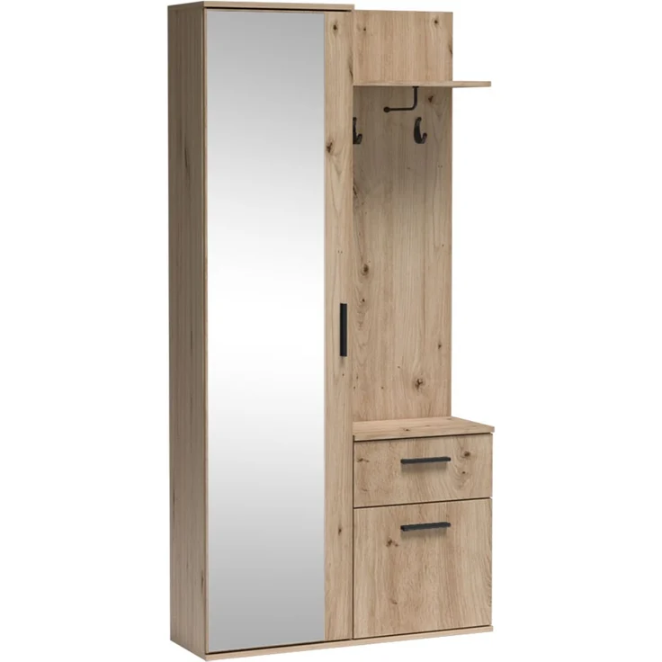 MEBLINI Garderobenschrank LUXOR 97cm - Artisan Eiche - mit Spiegel - 97x30x195cm R/L - Garderobe Schrank - Flurgarderobe schmal - Garderobe Flur Möbel Set - Flurschrank hoch – Bild 1