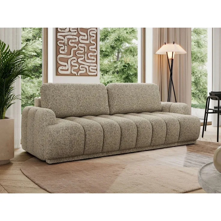 Schlafsofa ACCORDO 3-Sitzer mit Schlaffunktion, DL-Mechanismus, Wellenfederung & Massivholz, freistehend rundum bezogen - Dunkelbeige Strukture