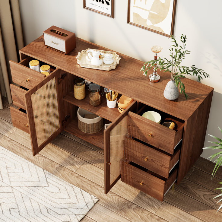 Sideboard Holzoptik, 160x40x90 cm mit Rattantüren & 6 Schubladen – Bild 4