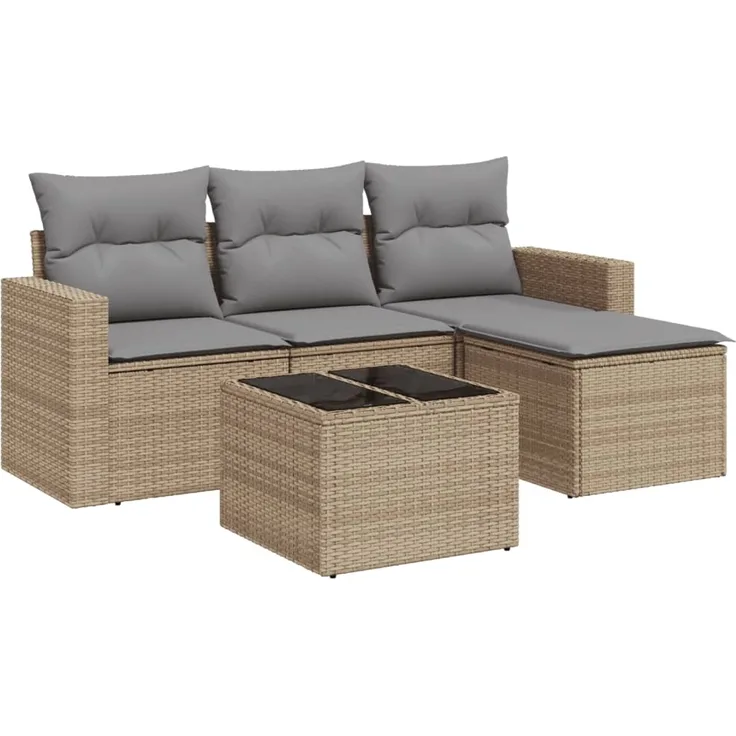 vidaXL 5-tlg. Garten-Sofagarnitur mit Kissen Beige Poly Rattan 3251216
