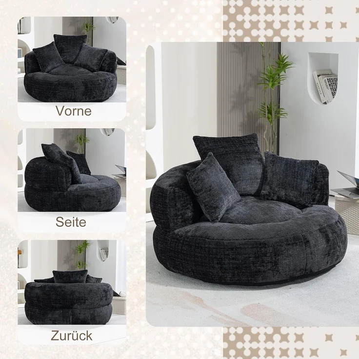 Lazy Sofa Sitzsack Couch Lounger 3 Kissen Wohnzimmer Schwarz – Bild 5