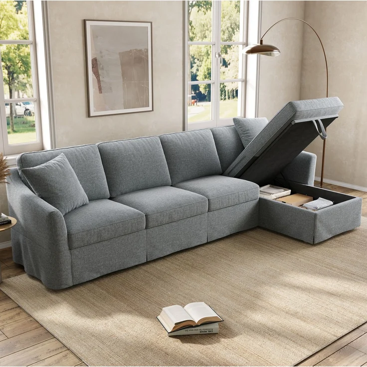 DESVIAE Sofa L-Form Grau aus Leinenoptik – 274x83x128,5 cm – Stauraum-Chaiselongue – Bild 3