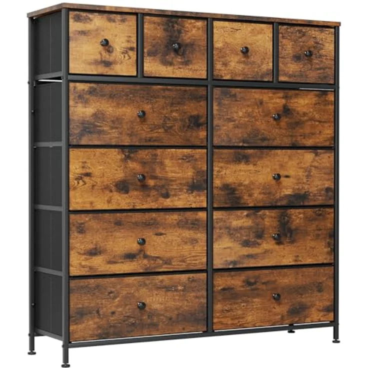 Clevich Stoff-Kommode, Schminktisch Schrank, Aufbewahrungsschrank, 12 Schubladen aus Stoff, Metallrahmen, industrieller Stil, für Wohnzimmer, Flur, Schlafzimmer (Retro braun+schwarz) – Bild 2