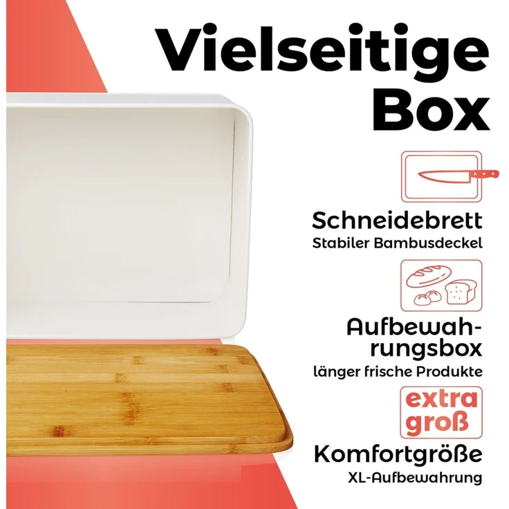 Lumaland Cuisine Brotkasten | Brotdose aus Metall mit Bambus Deckel | Brotbox rechteckig 30,5 x 23,5 x 14 cm | 2in1 Brotbehälter & Schneidebrett [Weiß] – Bild 2