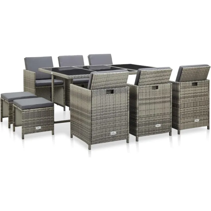 vidaXL 11-tlg. Garten-Essgruppe mit Auflagen Poly Rattan Grau 46537