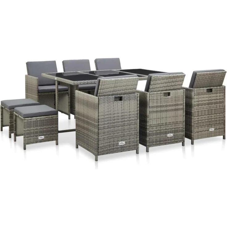 vidaXL 11-tlg. Garten-Essgruppe mit Auflagen Poly Rattan Grau 46537 – Bild 1