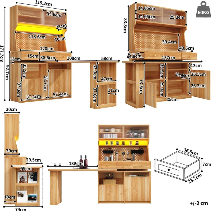 Hochschrank mit Schreibtisch, MDF & Glas, LED per App, 137x74x177,7 cm, Natural – Bild 4