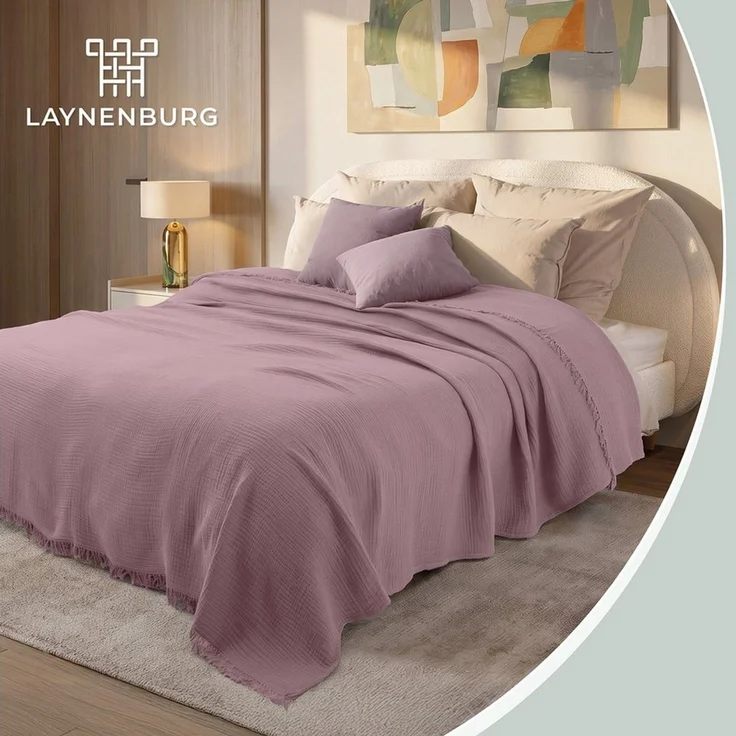 Laynenburg Tagesdecke Musselin mit Fransen aus 100% Baumwolle – Baumwolldecke, Wohndecke als Sommerdecke, Bett-Überwurf, Sofa-Decke, Kuscheldecke – Bild 2
