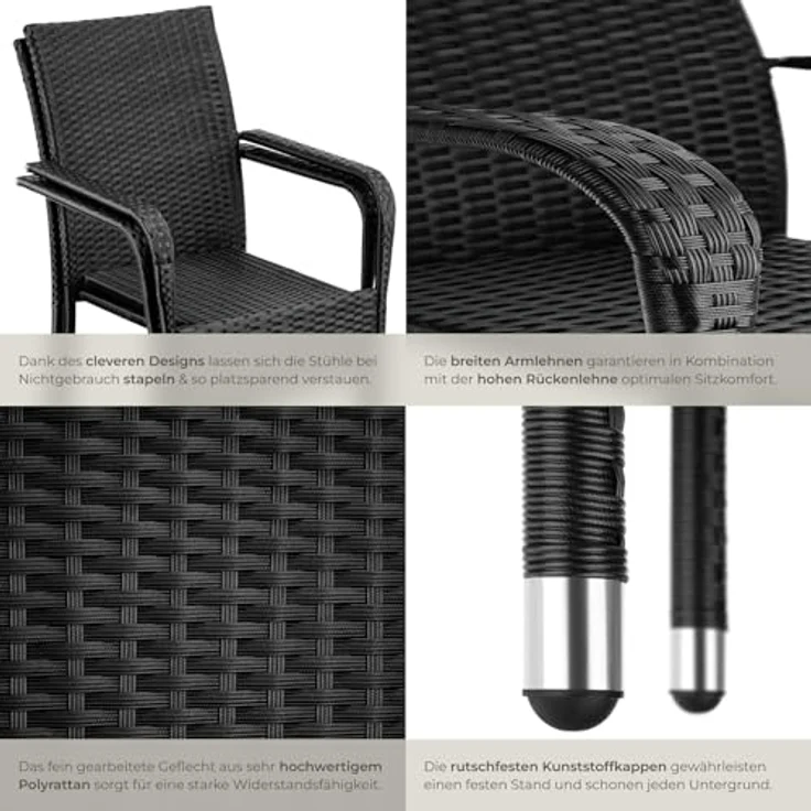 tectake Rattanstuhl Gartenstuhl Girona, stapelbar, Belastbarkeit 120 kg, 58 x 67 x 90 cm (Set, 2 St), Pulverbeschichtetes Stahlgestell für enorme Stabilität – Bild 6