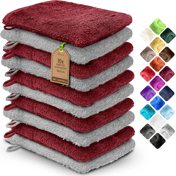 NatureMark 10x Waschhandschuhe aus Frottee 100% Baumwolle – Weich und Robust, Ideal für die tägliche Pflege und Gäste – Bordeaux/Silber, 15x21 cm