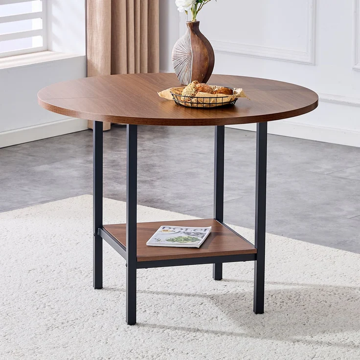 Esstisch rund 100x100x77 cm mit Stauraumablage, Walnuss-Optik und schwarzem Metallgestell – Bild 1