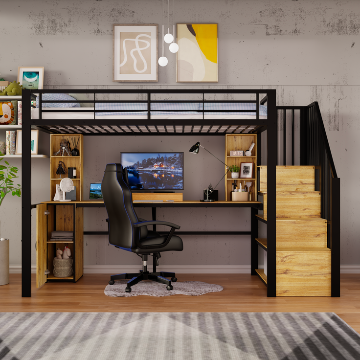 EINHOM Hochbett aus Metall, 90 x 200 cm, mit stabiler Eisenkonstruktion, praktischem Schreibtisch, Ablagefächern, Schrank, Stauraum-Treppe und USB-Ladeanschluss am Tisch – ohne Matratze, in Schwarz
