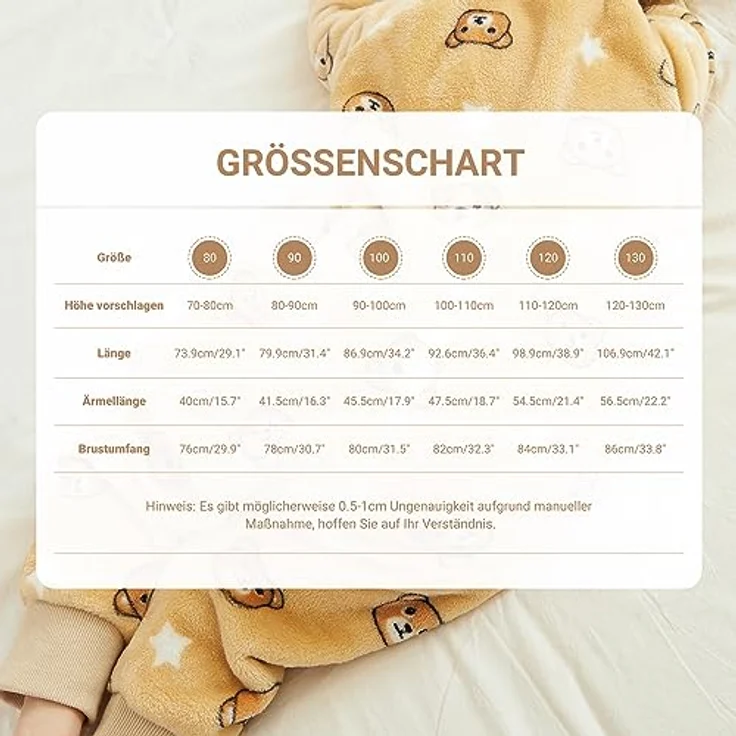 XQ&XG Baby Schlafsack mit Füßen 2.0 Tog,Babyschlafsack mit langen Ärmeln,Schlafsack Kinder mit Beinen für mädchen und Junge,Braun Bär,110 – Bild 4