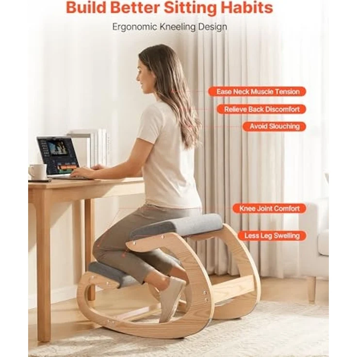 VEVOR Ergonomischer Kniehocker mit Dicken, Integrierten Schaumstoffpolstern & Stabilem Massivholzrahmen, Kniestuhl zur Entlastung von Nacken und Rücken, Ideal für Zuhause, Büro oder Meditation, Grau – Bild 4