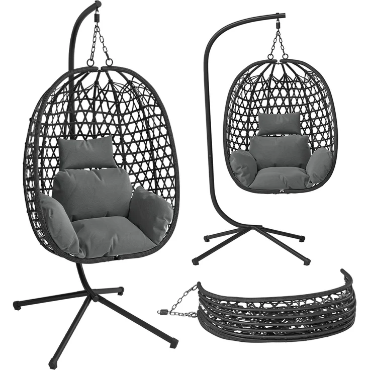 STEELSØN 'Sarin' Hängesessel mit Metallgestell, höhenverstellbar und faltbar, wetterfest, Polyrattan, dunkelgrau/schwarz, bis 150 kg belastbar, inkl. Kissen – Bild 1