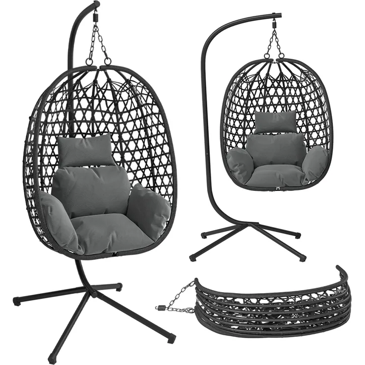 STEELSØN 'Sarin' Hängesessel mit Metallgestell, höhenverstellbar und faltbar, wetterfest, Polyrattan, dunkelgrau/schwarz, bis 150 kg belastbar, inkl. Kissen