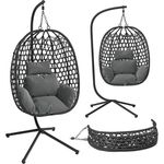 STEELSØN 'Sarin' Hängesessel mit Metallgestell, höhenverstellbar und faltbar, wetterfest, Polyrattan, dunkelgrau/schwarz, bis 150 kg belastbar, inkl. Kissen