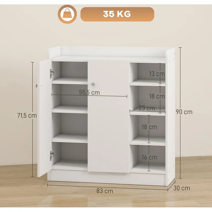 Schuhschrank für den Eingangsbereich für 12 Paar Schuhe – Schuhschrank mit 4 offenen Fächern und Doppeltürenschrank – verstellbares Regal – 83 L x 30 B x 90 H cm – weiß – Bild 5