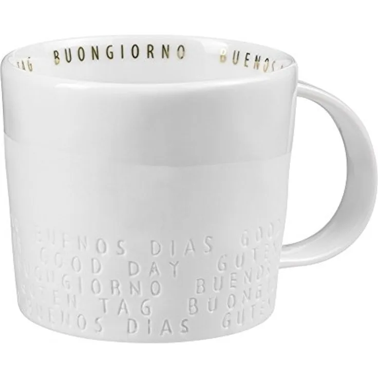 Breakfast Kaffeetasse Kaffeebecher Porzellantasse "Guten Tag Buon giorno Buenos Dias" Räder