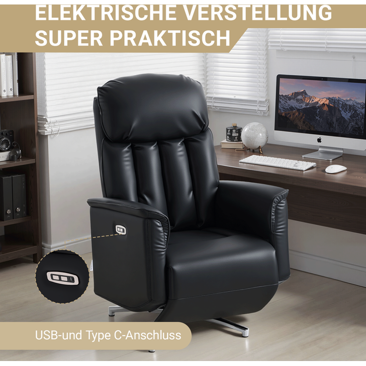 HOME NATURE WOHNKONZEPT Elektrischer Relaxsessel mit USB-Anschluss, elektrisch verstellbarer TV-Sessel mit Liegefunktion, Kunstleder Schwarz, bis 350 kg, FT9202 – Bild 5