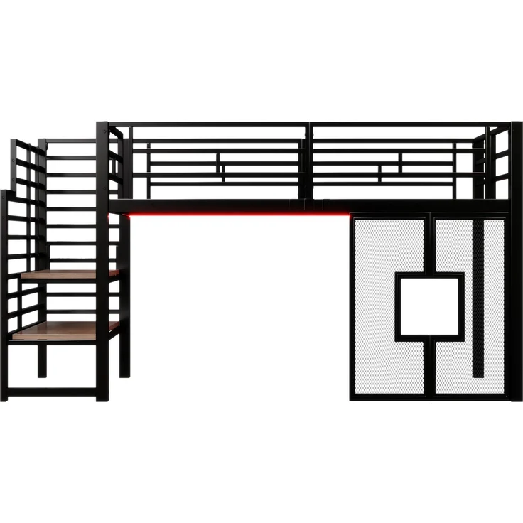 U-life Metall-Hochbett 90x200 cm mit Stauraumtreppe, LED-Beleuchtung und Fenster, Schwarz – Bild 7
