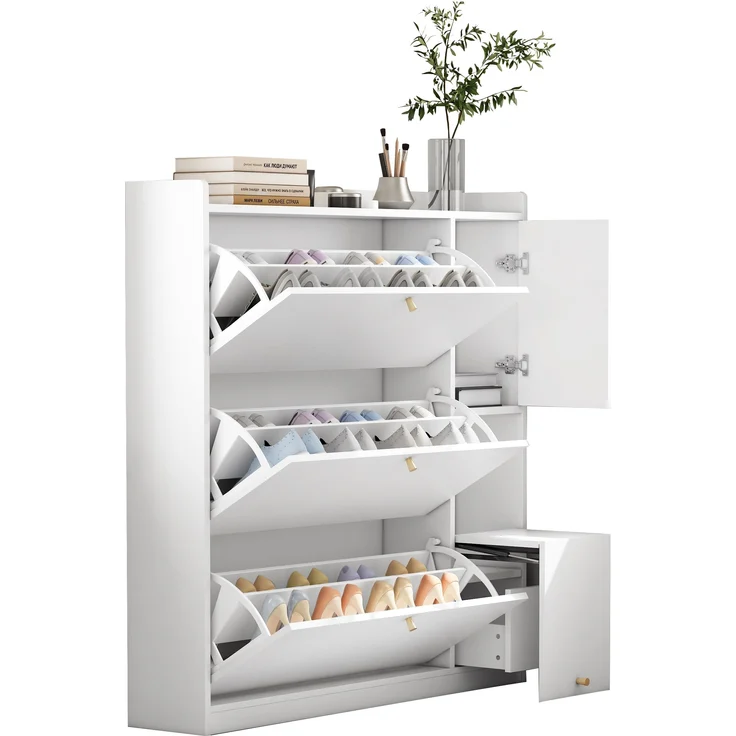 Großer Schuhschrank mit Sitzbank Weiß 119cm Breite Moderner Flurschrank Mit Kippschubladen Und Verstellbaren Böden Großer Stauraum Für Bis Zu 30 Paar Schuhe Garderobenschrank Mit Integrierter Sitzbank Und Kippsicherung, 119cmx24cmx122cm, Weiß – Bild 4
