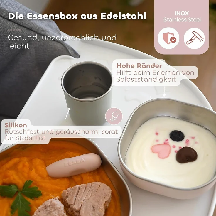 BÉABA Baby-Essensset Edelstahl 3-teilig – Glas + 2 Teller mit Silikonhülle, Mikrowellen- & Spülmaschinengeeignet, Leicht, Bruchsicher & Rutschfest – Farbe Barbapapa – Bild 4