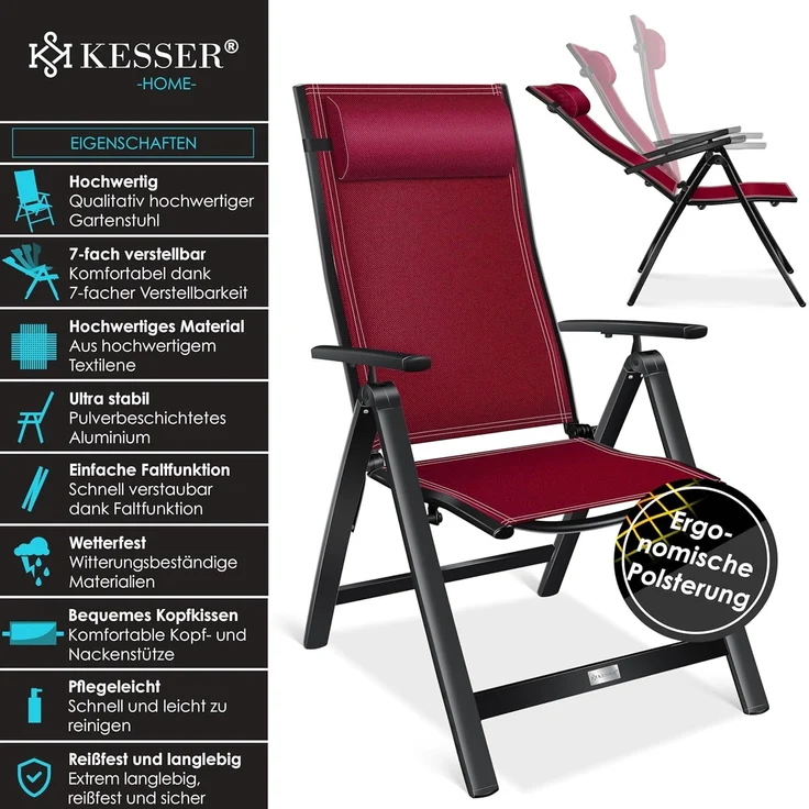 KESSER® Gartenstuhl, Hochlehner mit Armlehnen, Aluminium-Klappstuhl mit Kopfkissen & Cover, 7-fach verstellbare Rückenlehne, atmungsaktiv & wetterfest, klappbar & anti-rutsch, bordeaux – Bild 3