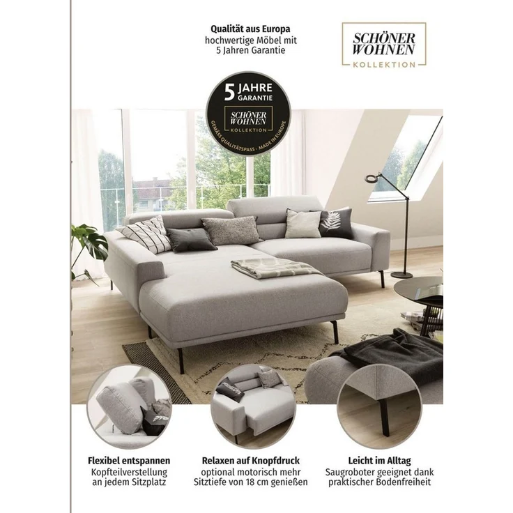 SCHÖNER WOHNEN-Kollektion Ecksofa Tossa, Modernes Design trifft smarte Funktione, Breite 258 cm, 2 Teile, Motorischer Sitzvorzug, Kopfteil-Funktion & Saugroboter-Höhe – Bild 2