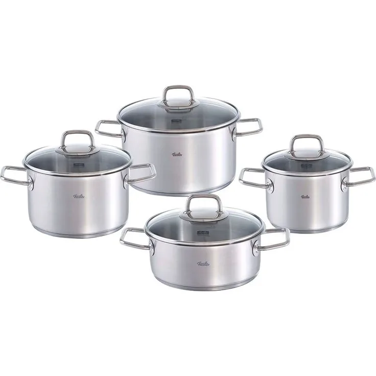 Fissler Topf-Set Viseo Topf-Set, Edelstahl 18/10 (Set, 8-tlg, 1x Bratentopf 20 cm, je 1x Kochtopf 16/20/24 cm), Induktionsgeeignet, Mess-Skala, Made in Germany