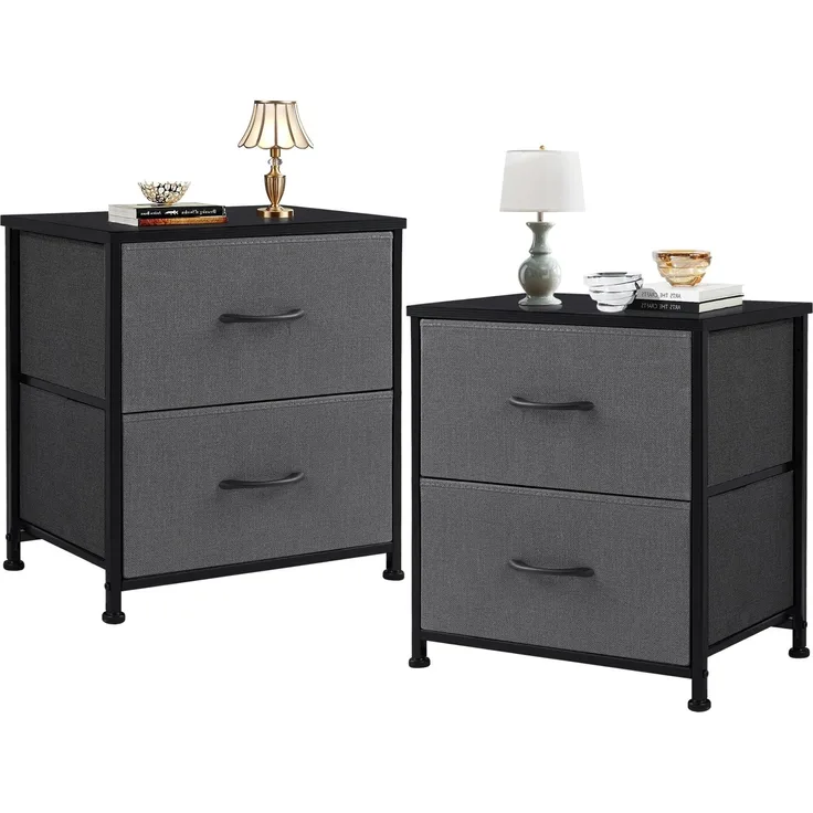 DUMOS Nachttisch 2er Set Beistelltisch Stoff Schubladenschrank Schmal Schrank Kommode Schlafzimmer Industrial Stil für Wohnzimme Kinderzimmer Flur Aufbewahrungsschrank