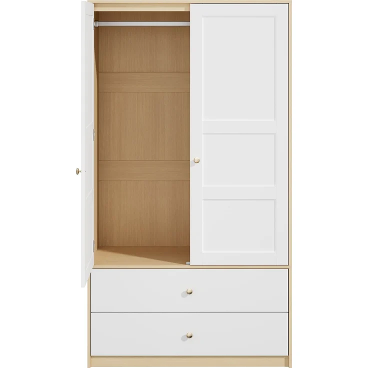 ZUBALIYA Doppeltüriger Kleiderschrank, 2-türiger Kleiderschrank, mit 2 Schubladen und Kleiderstange, Schlafzimmermöbel, Garderobenschrank, Kleiderschrank mit Kleiderstange, 100 x 48 x 180 cm,Weiß und Holzoptik – Bild 8
