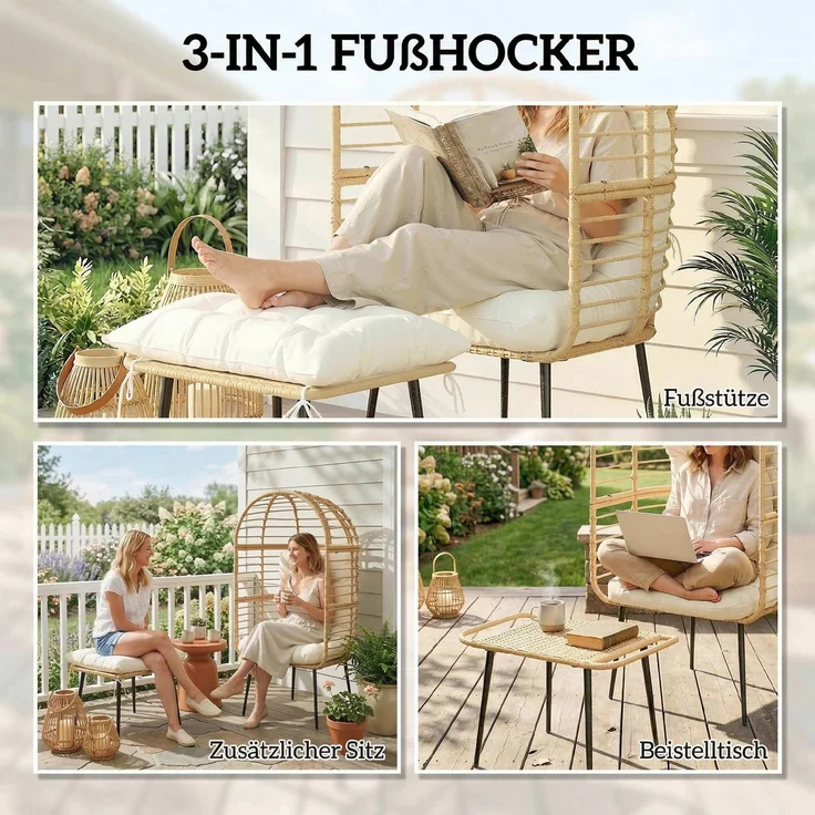 Outsunny Eiersessel, PE-Rattan, Stahl, Beige, 76L x 65B x 147H cm – Bild 7